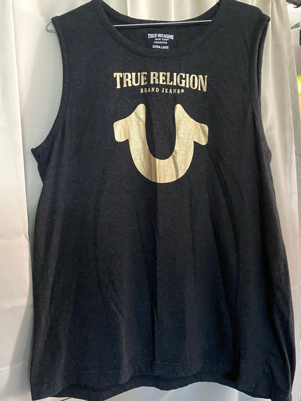 XL True Religion Black Muscle Tank with Metallic Gold Horseshoe Logo
